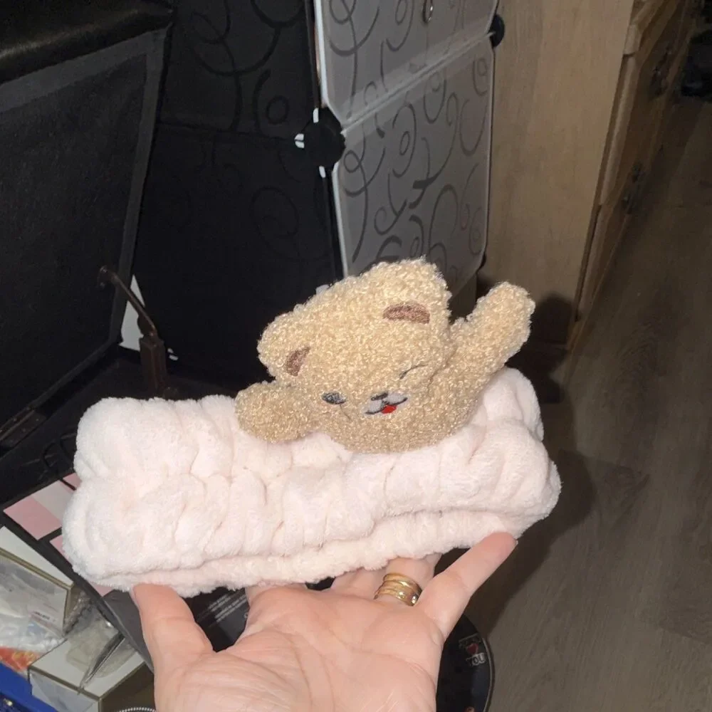 Soft Plush Pink Teddy Bear Spa Headband, Polyester, Embroidered, Women